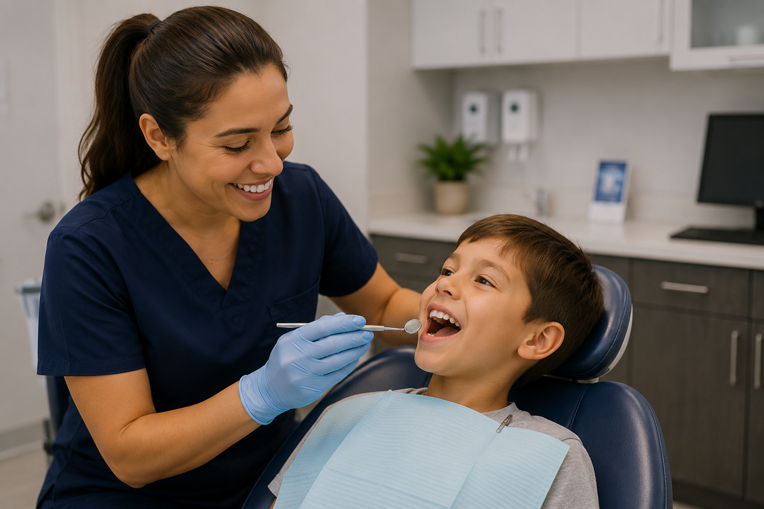 Friendly dental hygienist examining a smiling child patient